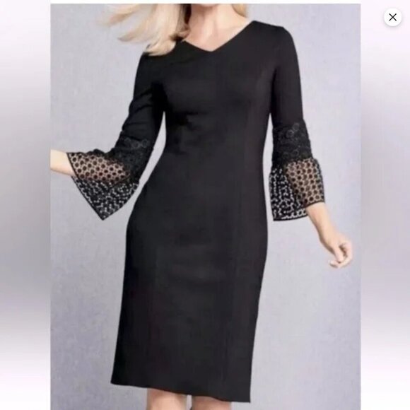 Talbots V-Neck Wine Sheath Midi Dress Crochet Lace Bell Sleeves (Size 16WP) - Picture 12 of 12